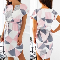 Fashion Short Sleeve V-neck Contrast Color Dress