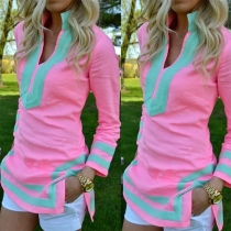 Fashion Contrast Color Long Sleeve V-neck Slit Hem Slim Fit T-shirt