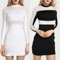 Sexy See-through Gauze Spliced Long Sleeve Round Neck Tight Dress