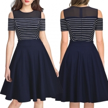 Sexy Off-shoulder Short Sleeve Round Neck Striped Spliced Dress