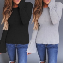 Fashion Solid Color Trumpet Sleeve Round Neck Knit Top