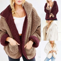 Fashion Solid Color Long Sleeve Hooded Plush Coat