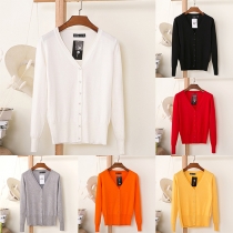 Simple Style Long Sleeve V-neck Solid Color Knit Cardigan 