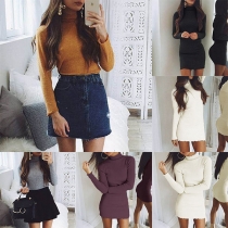 Fashion Solid Color Long Sleeve Mock Neck Slim Fit Sweater Dress