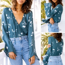 Sexy Deep V-neck Trumpet Sleeve Printed Bodysuit