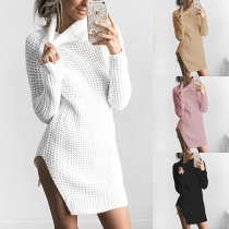Sexy Side-slit Long Sleeve Turtleneck Hollow Out Knit Sweater Dress