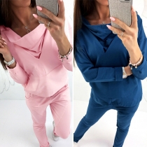 Fashion Solid Color Long Sleeve Hoodie + Pants Two-piece Set