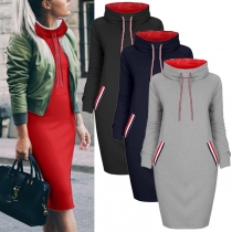 Fashion Solid Color Long Sleeve High Neck Slim Fit Dress