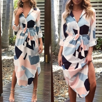 Fashion Long Sleeve V-neck Irregular Hem Contrast Color Dress