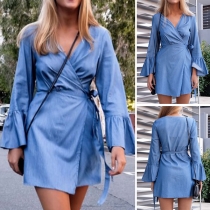 Sexy V-neck Trumpet Sleeve Solid Color Denim Dress