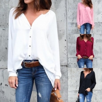 Fashion Solid Color Long Sleeve V-neck High-low Hem Chiffon Blouse