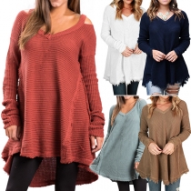 Sexy Off-shoulder V-neck Long Sleeve Solid Color Loose Sweater