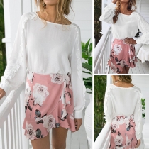 Fashion Solid Color Ruffle Spliced Long Sleeve Round Neck T-shirt