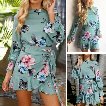 Fashion Long Sleeve Round Neck Irregular Ruffle Hem Printed Dress