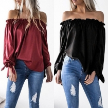 Sexy Off-shoulder Boat Neck Long Sleeve Solid Color Loose Top