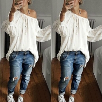 Sexy Oblique Shoulder Long Sleeve Dots Printed Loose Top