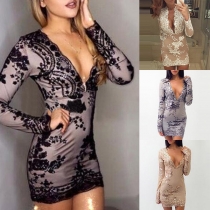 Sexy Deep V-neck Long Sleeve Irregular Hem Sequin Spliced Tight Dress