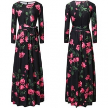 Fashion Long Sleeve Round Neck High Waist Printed Maxi Dress