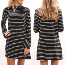 Fashion Long Sleeve High Neck Striped Dress