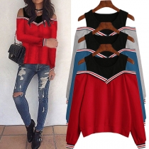 Sexy Off-shoulder Long Sleeve Mock Two-piece Contrast Color Sweatshirt