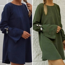 Sexy V-shaped Backless Long Sleeve Round Neck Solid Color Loose Dress