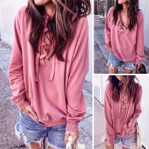 Fashion Solid Color Long Sleeve Lace-up V-neck Sweatshirt