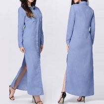 Chic Style Long Sleeve POLO Collar Slit Hem Single-breasted Denim Maxi Dress