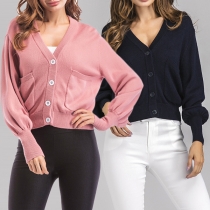 Fashion Solid Color Lantern Sleeve V-neck Knit Cardigan