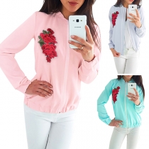 Fashion Solid Color Long Sleeve Stand Collar Embroidered Coat