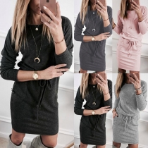 Fashion Solid Color Long Sleeve Round Neck Drawstring Waist Dress