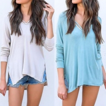 Fashion Solid Color Long Sleeve Slit Hem Hoodie 