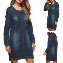 Fashion Long Sleeve Round Neck Faded Denim Dress