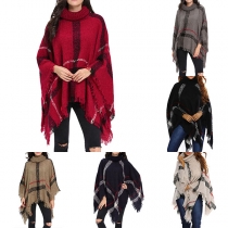 Fashion Contrast Color Turtleneck Irregular Tassel Hem Cloak-style Sweater