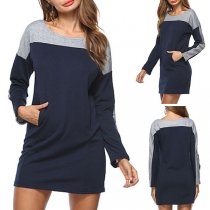 Fashion Contrast Color Long Sleeve Round Neck Slim Fit Dress