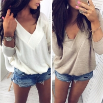 Fashion Solid Color Dolman Sleeve V-neck T-shirt 