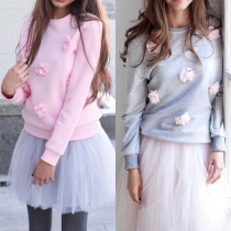 Fashion Solid Color Long Sleeve Round Neck 3D Flower Spliced Sweatshirt 