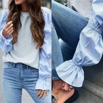 Fashion Contrast Color Lantern Sleeve Round Neck T-shirt 