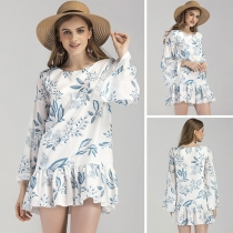 Sweet Style Trumpet Sleeve Round Neck Ruffle Hem Printed Dress
