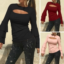 Sexy Trumpet Sleeve Round Neck Solid Color Hollow Out Top 