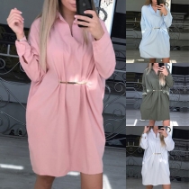 Fashion Solid Color Long Sleeve POLO Collar Loose Shirt Dress
