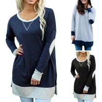 Fashion Contrast Color Long Sleeve Round Neck Slit Hem T-shirt