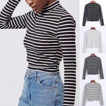 Fashion Long Sleeve Mock Neck Slim Fit Striped T-shirt 