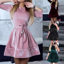 Elegant Solid Color 3/4 Sleeve Round Neck Slim Fit A-line Dress