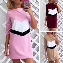 Fashion Contrast Color Half Sleeve Round Neck Dress