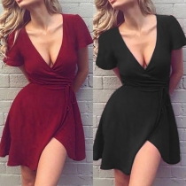 Sexy Deep V-neck Slit Hem Short Sleeve High Waist Solid Color Dress