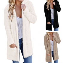 Fashion Solid Color Long Sleeve Hooded Loose Cardigan