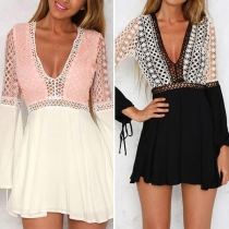 Sexy Backless Deep V-neck Trumpet Sleeve Lace Spliced Dress
