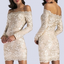 Sexy Long Sleeve Round Neck Sequin Spliced See-through Bodycon Dress