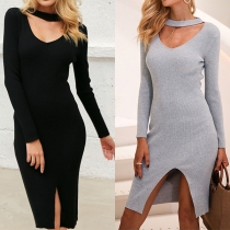 Sexy Hollow Out V-neck Slit Hem Long Sleeve Solid Color Knit Dress