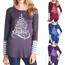 Fashion Letters Printed Striped Spliced Long Sleeve Round Neck T-shirt 